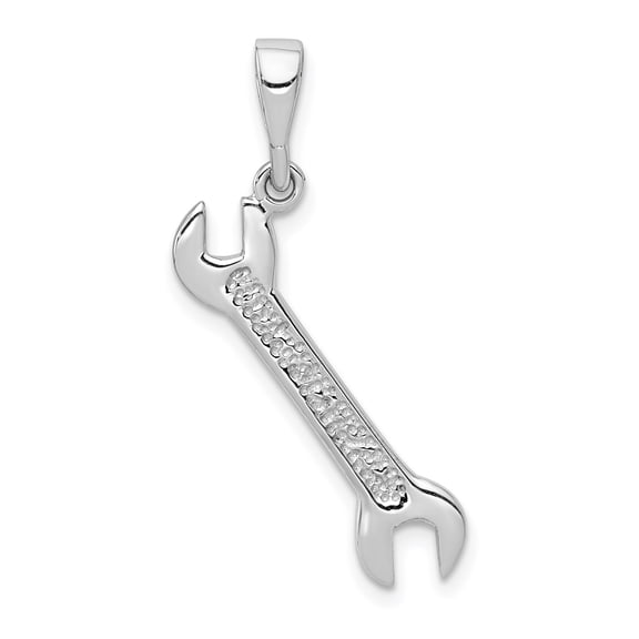 14k White Gold Wrench Pendant Necklace for Men or Unisex, Polished Spanner Tool Design with Textured Finish, Mechanical Engineering Jewelry, Industrial Style Charm for Tradespeople