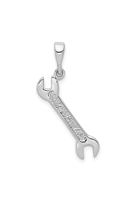 14k White Gold Wrench Pendant Necklace for Men or Unisex, Polished Spanner Tool Design with Textured Finish, Mechanical Engineering Jewelry, Industrial Style Charm for Tradespeople