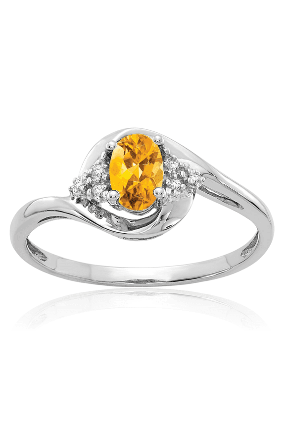 14K Solid White Gold Yellow Orange Citrine Diamond Ring Gemstone Band November Birthstone Jewelry