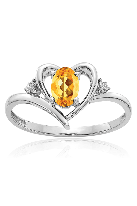 14K Solid White Gold Yellow Orange Citrine Diamond Heart Ring Gemstone Love Band November Birthstone Jewelry