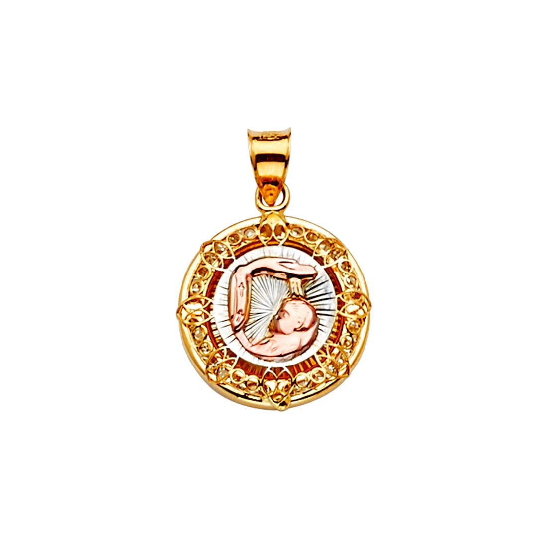 14k White Gold and Yellow Gold Cubic Zirconia Baptism Medal Pendant Necklace 15x21mm Pendant for Women