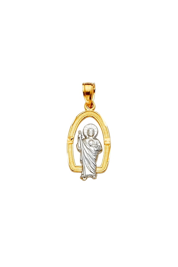 14k White Gold and Yellow Gold San Judas Pendant Necklace 10x22mm Pendant for Women - 1.0 Grams