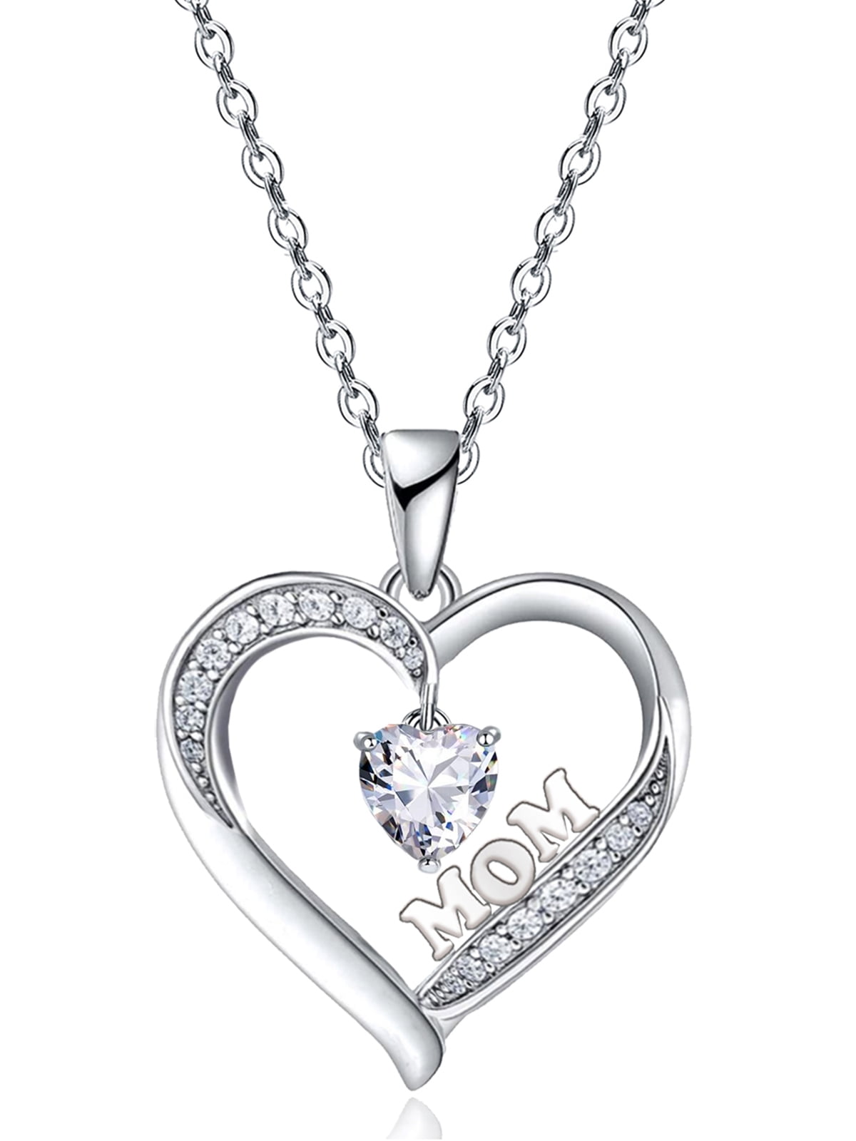 14k White Goldplated MOM Heart Women Jewelry Gift Pendant Necklace