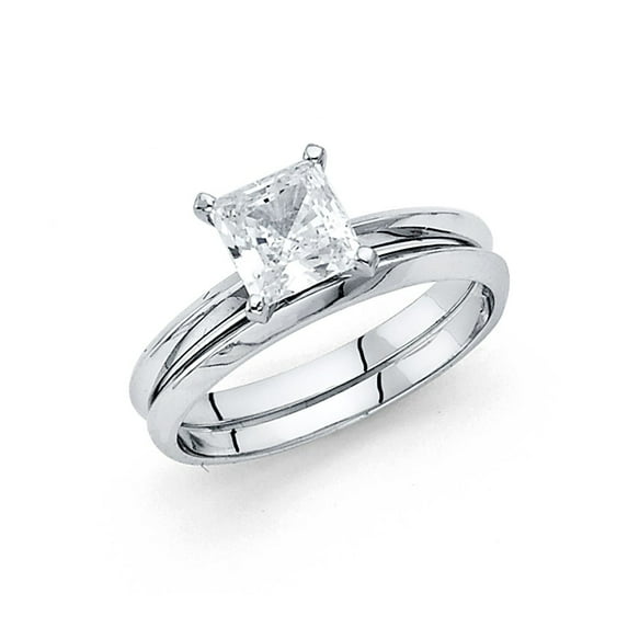 14k White Italian Solid Gold 1.0 ct CZ Princess Cut Wedding Ring Duo Set