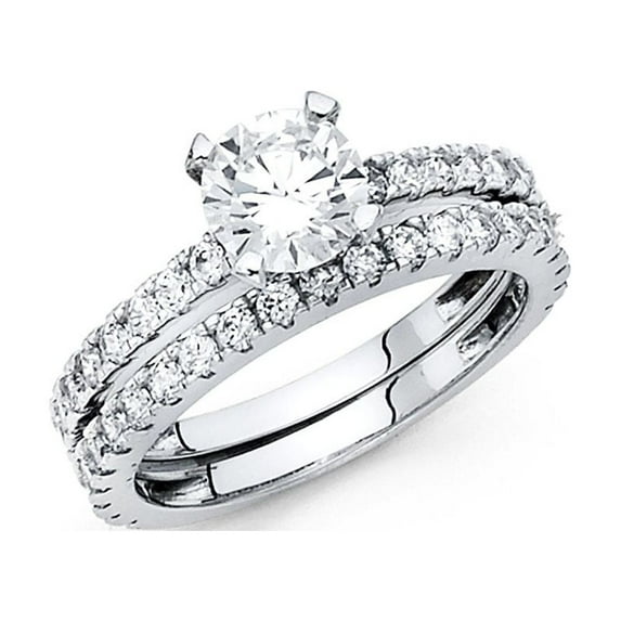 14k White Italian Solid Gold 1.30 ct CZ 3/4 Eternity Wedding Ring Duo Set