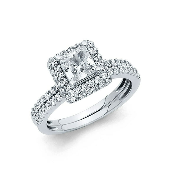 14k White Italian Solid Gold CZ Princess-Cut Halo Bridal Engagement Wedding Duo Sets Band & Ring Size 9 Available All Sizes