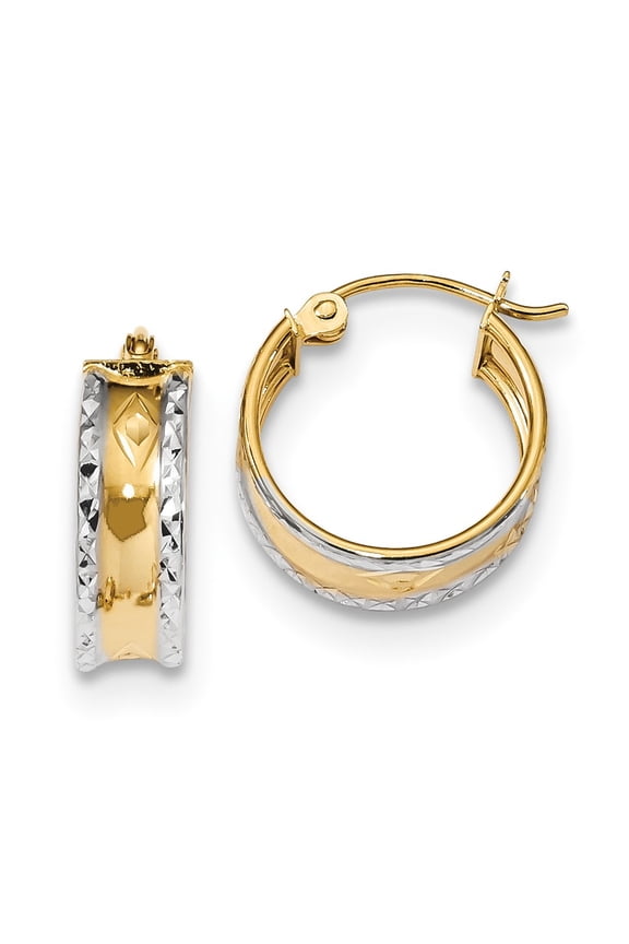 14k & White Rhodium Polished & D/C Hoops in 14k Yellow Gold w/ Rhodium Plating