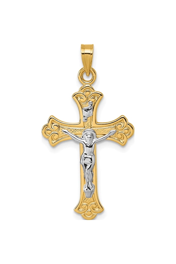 14k with White Rhodium Polished Fleur de Lis INRI Crucifix Cross Pendant Yellow Material Opulent Inspired Stylish Ideal for collectors and jewelry lovers