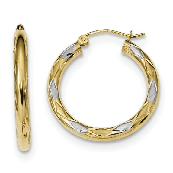 14k White Rhodium Polished Satin and Diamond-cut Hoop Earrings TF1022