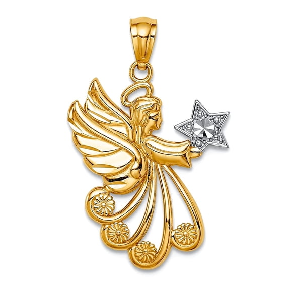 14k White Rhodium Sparkle-Cut Religious Guardian Angel With a Star Charm Pendant Necklace for Women