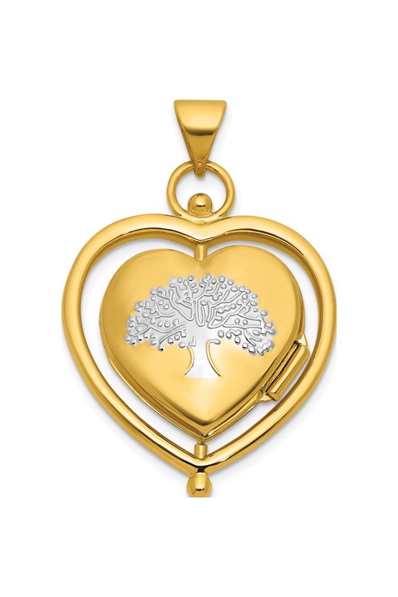 14k and White Rhodium Tree of Life and Flowers in Spinning Frame Reversible 15mm Heart Locket Yellow Material Modern Romantic Heirloom Designed for those who cherish timeless beauty