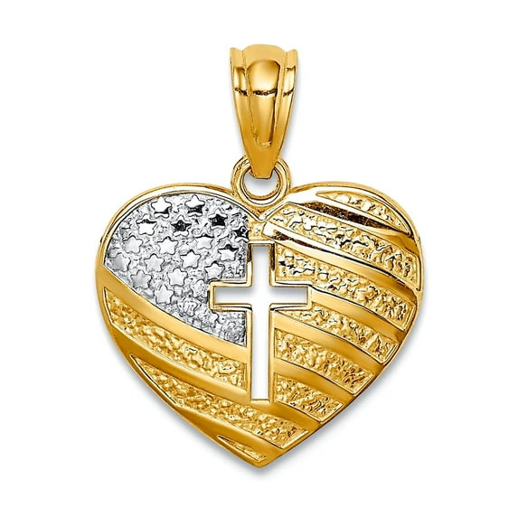 14k White Rhodium Usa Flag With Religious Faith Cross Love Heart Pendant Necklace 17x13mm Wide Pendant for Women