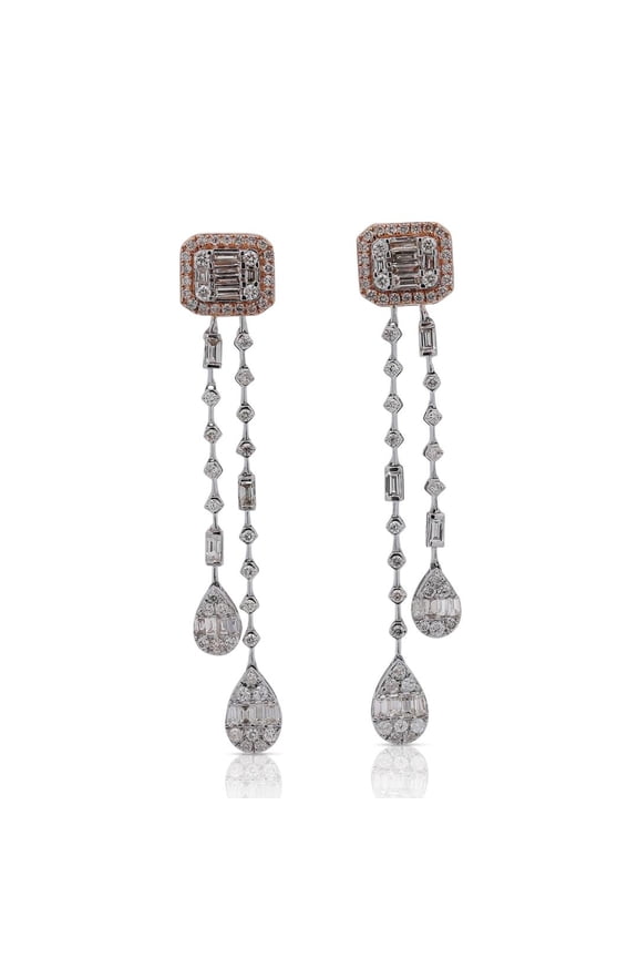 14k White & Rose Gold Invisible Cluster Set Diamond Two Strand Dangle Earrings