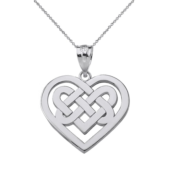 14k White Solid Gold Celtic Knot Woven Heart Pendant / Necklace (18 Inches)