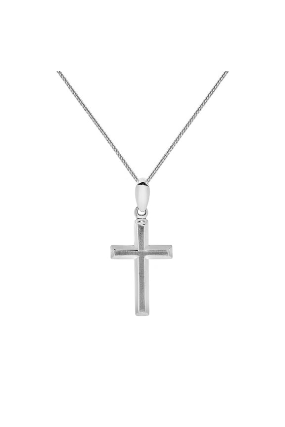 14k White Solid Gold Traditional Cross Religious Pendant with 0.8-mm Flat Wheat Chain (20 inch)