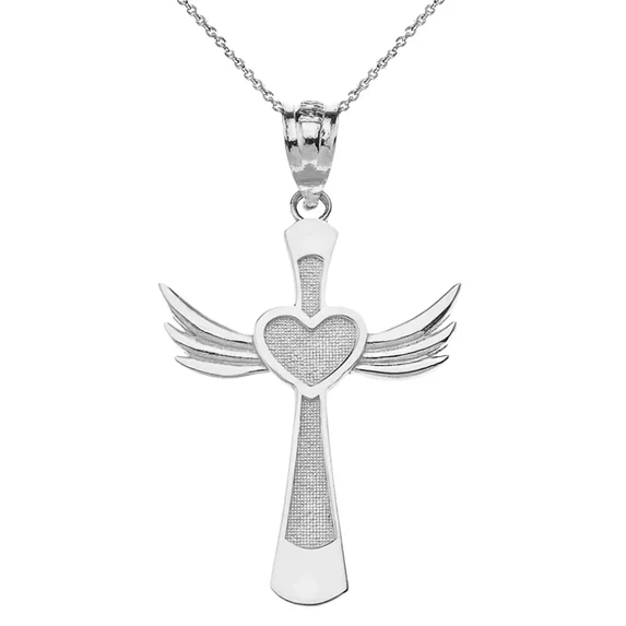 14k White Solid Gold Winged Heart Cross Pendant / Necklace (20 Inches)