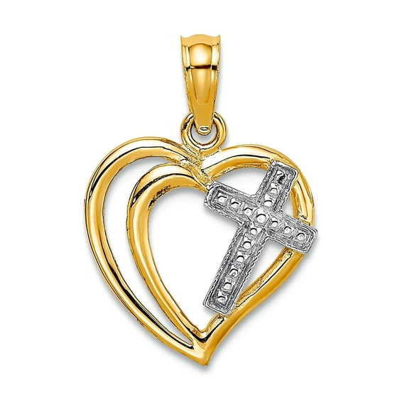 14k With Rhodium Double Love Heart W White Religious Faith Cross Inside 18.15x14mm Wide Pendant Necklace for Women