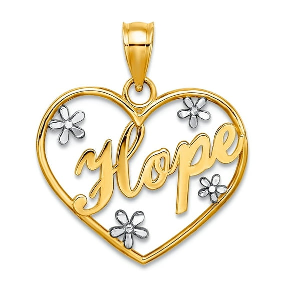 14k With Rhodium Hope In Love Heart Pendant Necklace Frame W Floating Flower Accents 20.5x18.9mm Wide Pendant for Women