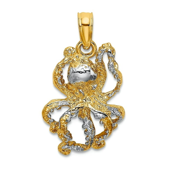 14k With Rhodium Octopus Textured / 2-d and Two-color Charm 22x11.9mm Wide 3.2mm Thick Pendant Necklace for Women
