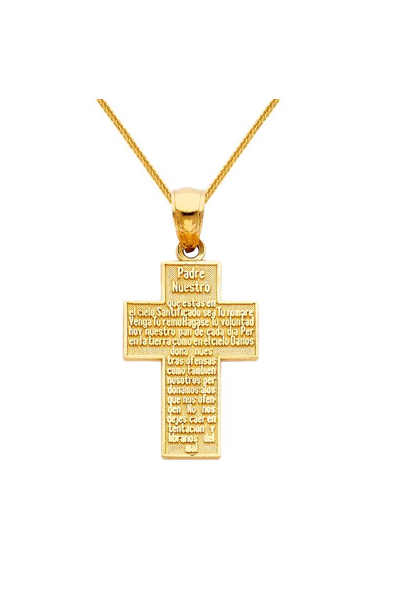 14k Yellow Gold 0.86-inch Padre Nuestro Cross Pendant with 0.8-mm Square Wheat Chain