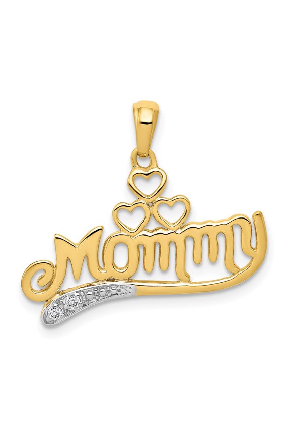 14k Yellow Gold .02 Diamond MOMMY Double Heart Pendant Charm