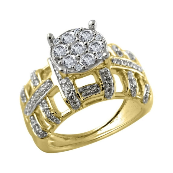 14k Yellow Gold 1.00 Carat (ctw) Natural Round Cut White Diamond Halo Cluster Engagement Ring for Women Wedding Birthday (Diamond Color: H-I, Clarity: I2, 1cttw) Ring Size-8.5
