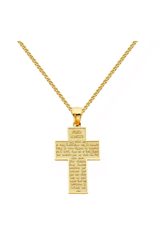 14k Yellow Gold 1.18-inch Padre Nuestro Cross Pendant with 1.5-mm Flat Wheat Chain