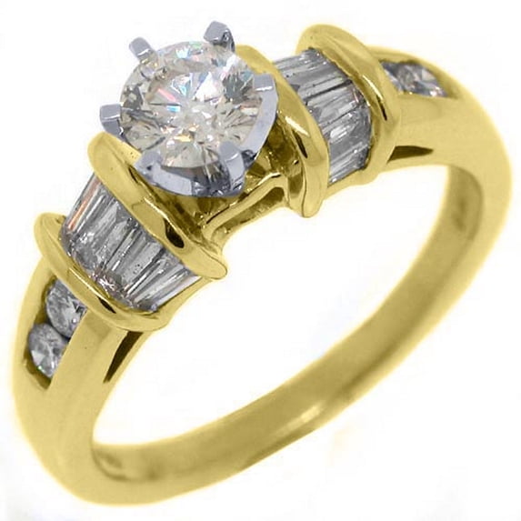 14k Yellow Gold 1 Carat Brilliant Round & Baguette Diamond Engagement Ring