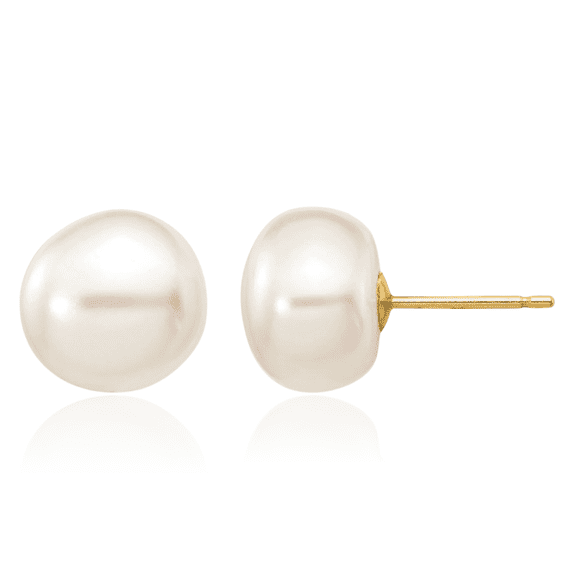 14K Solid Yellow Gold 9mm White Button Freshwater Cultured Pearl Stud Earrings
