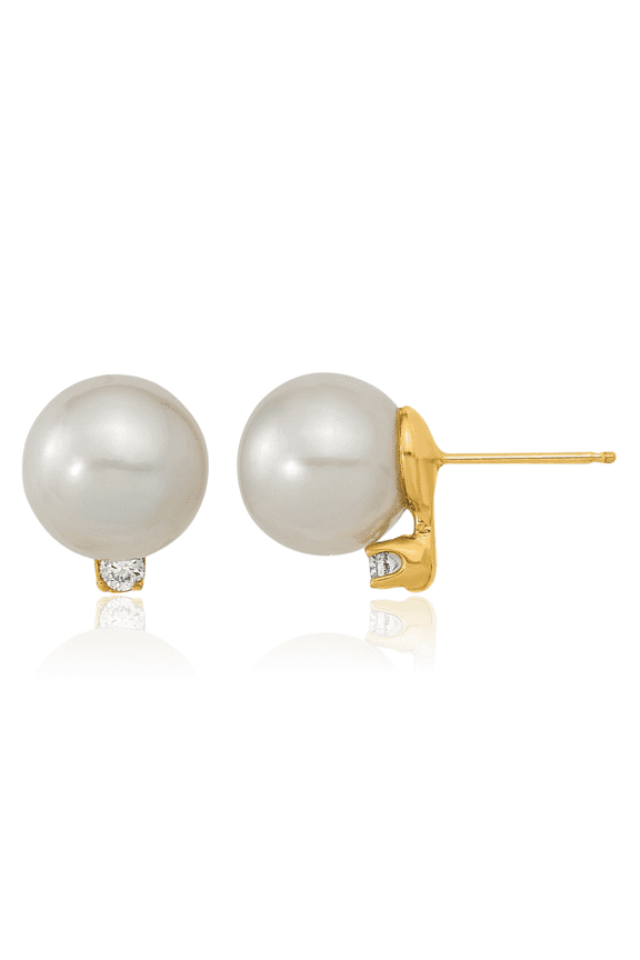 14K Solid Yellow Gold 9mm White Round South Sea Saltwater Cultured Pearl .10 Diamond Stud Earrings