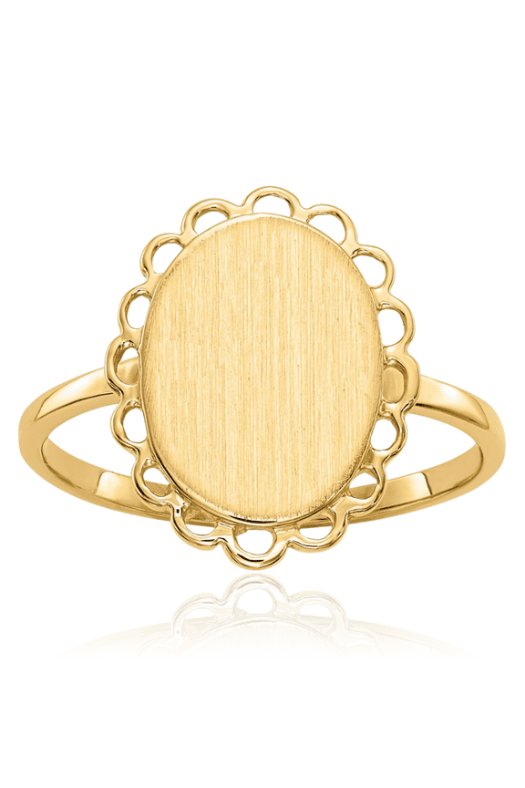 14K Solid Yellow Gold Filigree Oval Custom Engraved Signet Ring - 2mm Slim Band - Polished, Satin, Engravable Women's