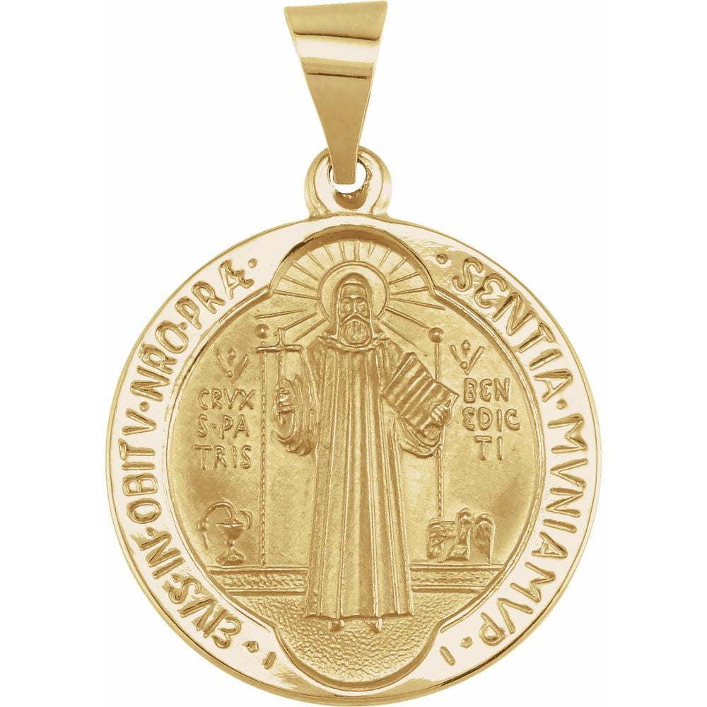 RYAN JONATHAN FINE JEWELRY 14k Yellow Gold 18mm Round Shape Hollow Saint Benedict Medal Religious Pendant Fine Jewelry for Women Gifts for Her