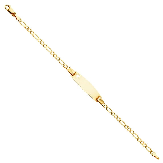 14k Yellow Gold 2.6mm Figaro 3 Plus 1 Links Small Oval ID With Love Heart Bracelet Identification Bracelet for Women