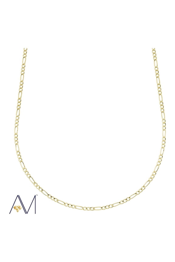 A&M 14k Yellow Gold 2mm Figaro Chain Necklace, 16”–24”, Lobster Clasp, Adult Unisex, Gift Box