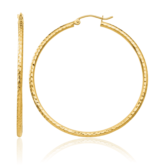 14K Solid Yellow Gold 2mm Round Tube Large Hoop Earrings