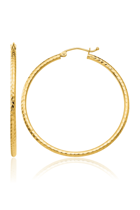 14K Solid Yellow Gold 2mm Round Tube Large Hoop Earrings
