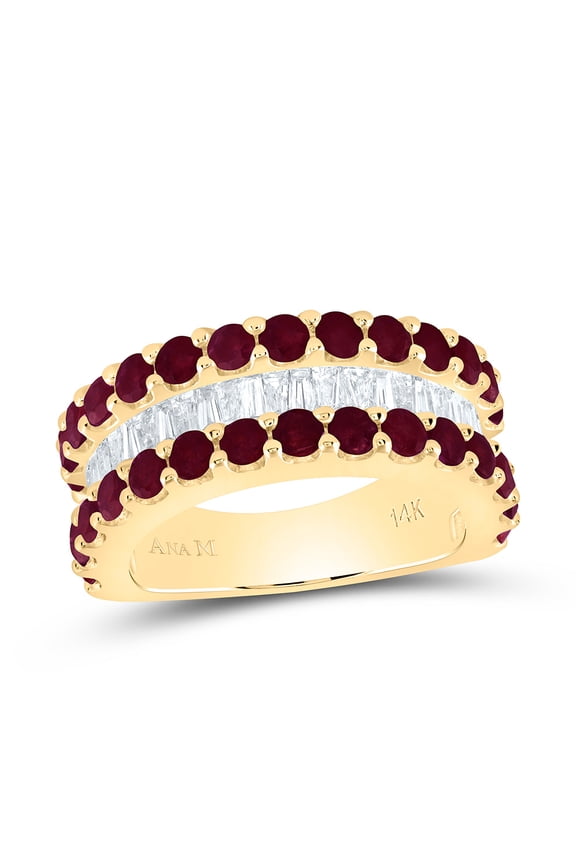 14k Yellow Gold 3/4 Ctw Natural Diamond Baguette & 2 1/5 Ctw Round Ruby Gem Ladies Band Ring, Anniversary Ring, Wedding Ring