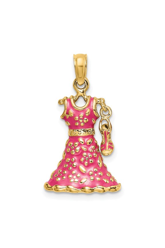 14k Yellow Gold 3-D Moveable Enamel Pink Floral Dress with Shoe Charm Pendant Fine Jewelry For Women Gifts For Her