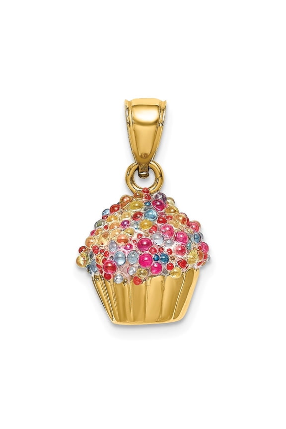 14k Yellow Gold 3-D w/Colored Bead Icing Cupcake Charm Pendant