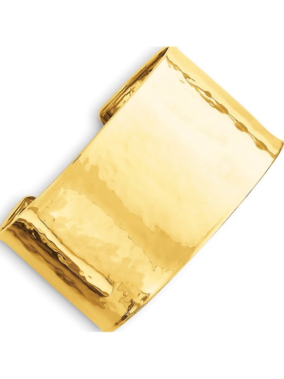 14K Yellow Gold 37mm Hammered Polished Cuff Bangle Bracelet