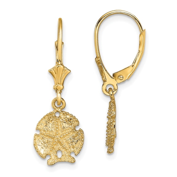 14k Yellow Gold 3D SAND DOLLAR with STAR LEVERBACK EARRINGS 2-D