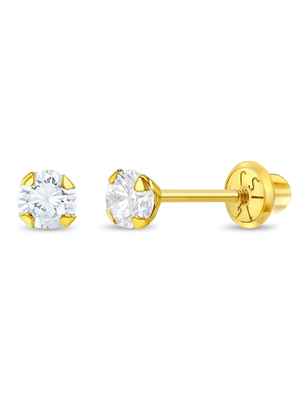 14k Yellow Gold 3mm Clear Cubic Zirconia Prong Set Solitaire Screw Back Earrings