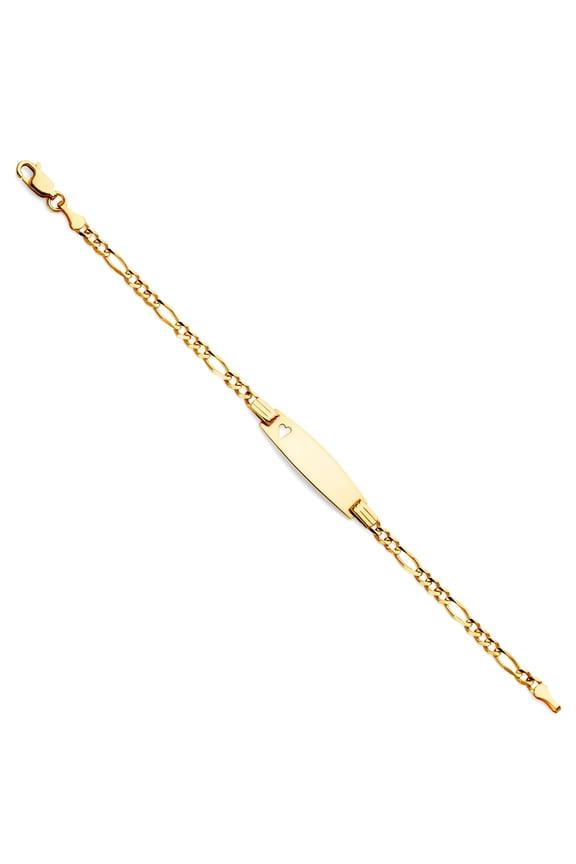 14k Yellow Gold 3mm Figaro 3 Plus 1 Links Oval ID With Love Heart Bracelet Identification Bracelet for Women