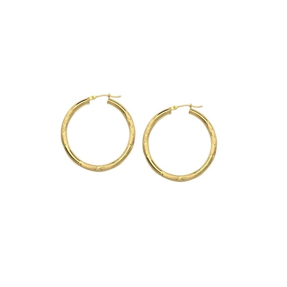 14k Yellow Gold 3x35mm Sparkle-Cut Florentine Round Hoop Earrings - 2.4 Grams