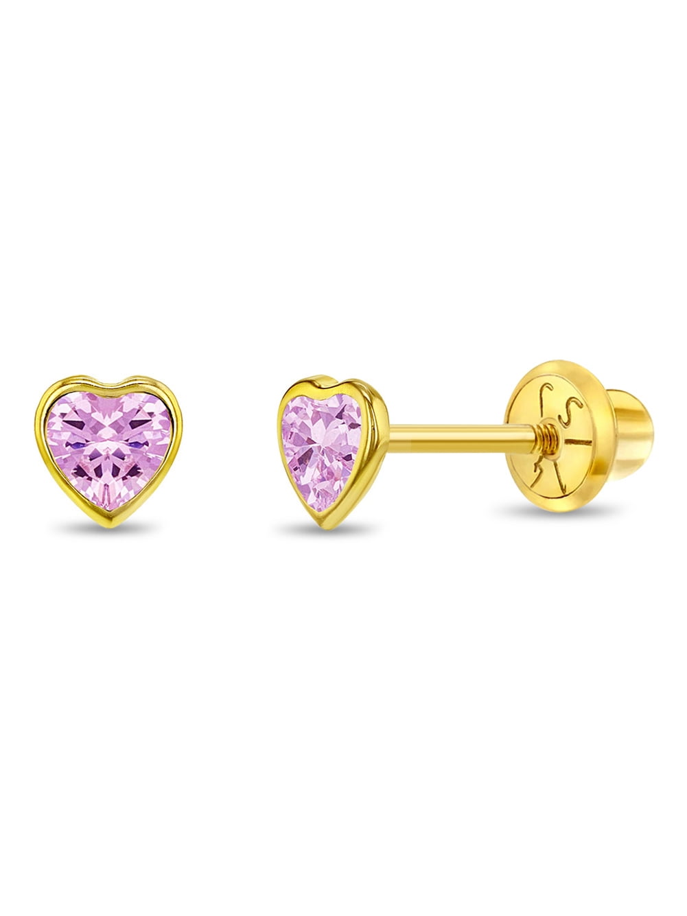 14k Yellow Gold 4mm Pink Bezel Heart Cubic Zirconia Screw Backs for Baby Girls