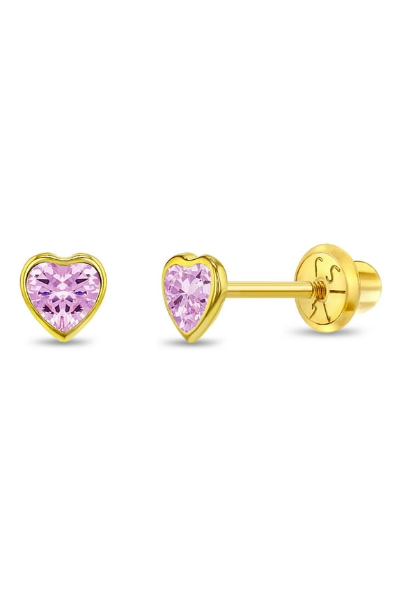 14k Yellow Gold 4mm Pink Bezel Heart Cubic Zirconia Screw Backs for Baby Girls