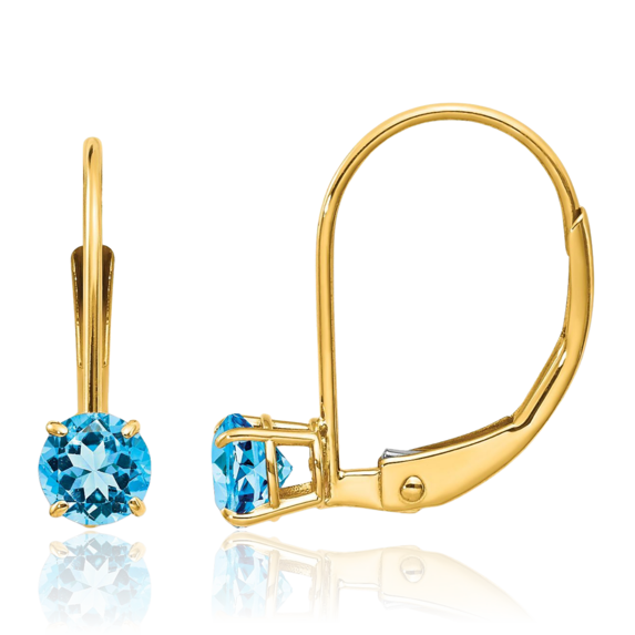 14K Solid Yellow Gold 4mm Round Swiss Blue Topaz Drop Dangle Earrings December Birthstone Jewelry
