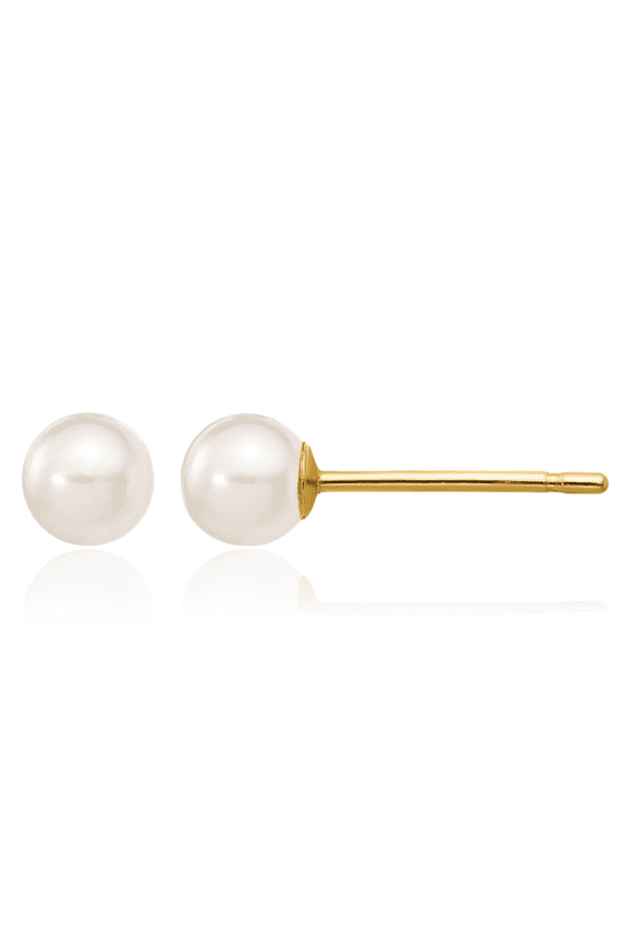 14K Solid Yellow Gold 3mm White Round Akoya Saltwater Cultured Pearl Stud Earrings
