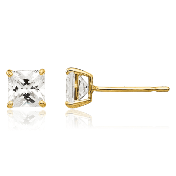 14K Solid Yellow Gold 4mm Square Cubic Zirconia CZ Stud Earrings