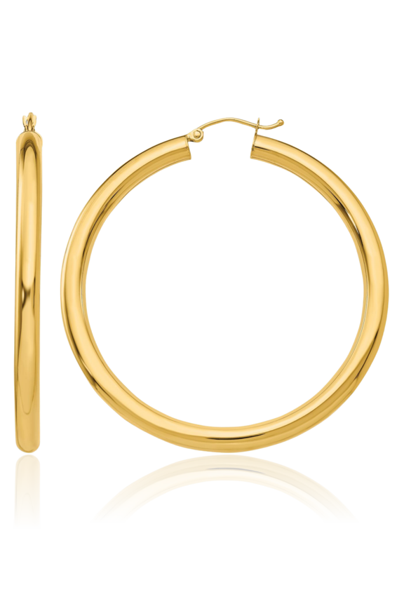 14K Solid Yellow Gold Round Extra Large Hoop Earrings - 50mm 2 inch - Snap Back, Polished Women's